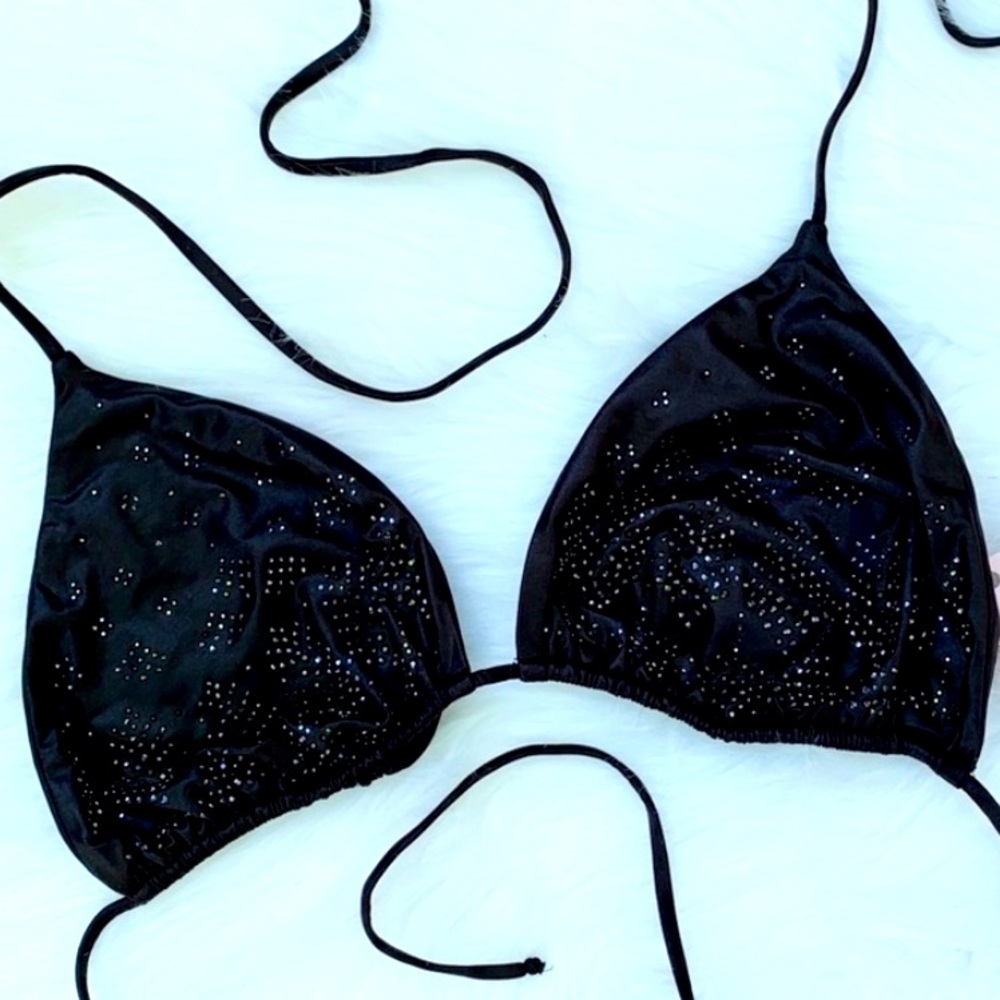Agent provocateur black satin rhinestone accented string bikini top sz 4